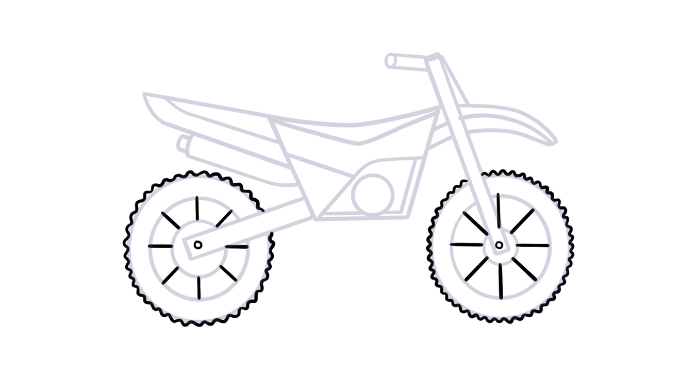 Dirt bike drawing easy step 7- Add zigzag lines to the wheels + spikes + small circles + at the center