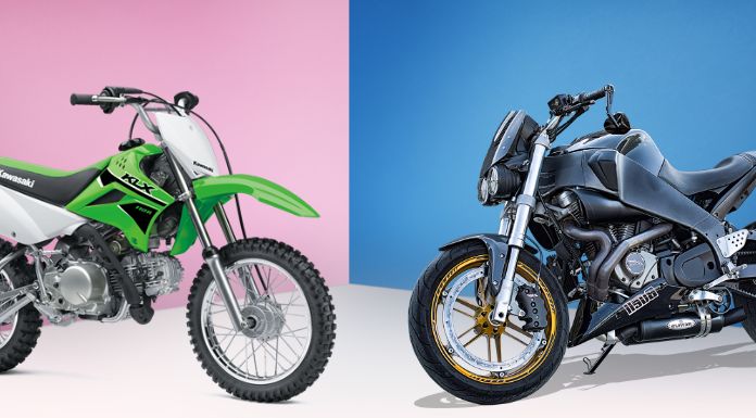 Kawasaki dirt bike and motorcycle in pink and blue background